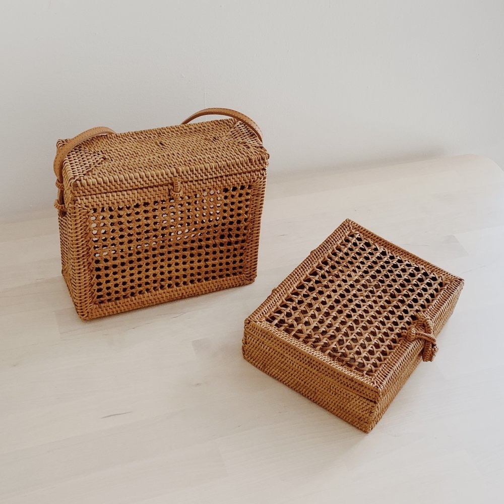 Bembien Flora Boxy Crossbody Bag in Woven Rattan with Leather Strap
